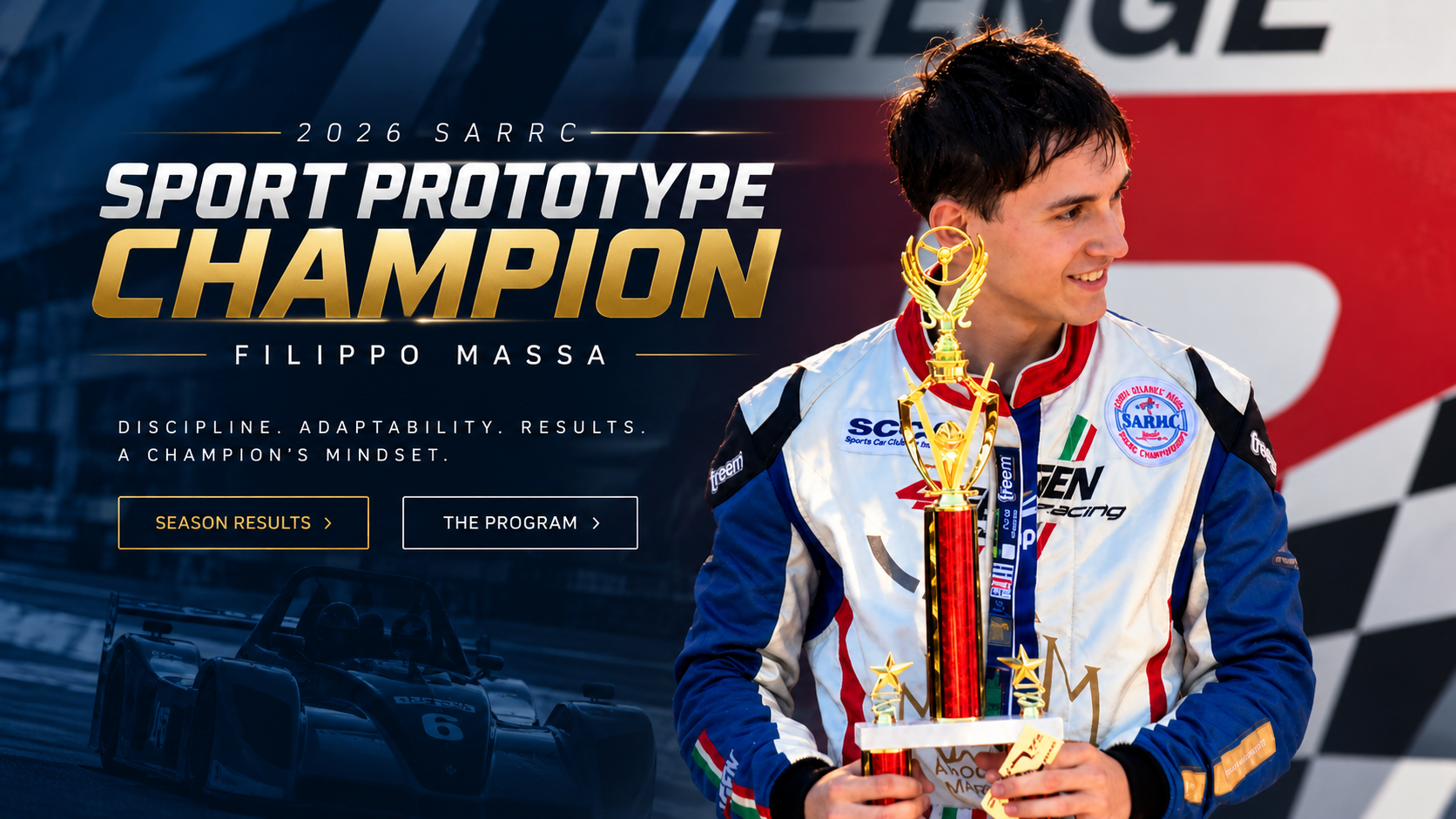 Filippo Massa holding the 2026 SARRC Sport Prototype Championship trophy