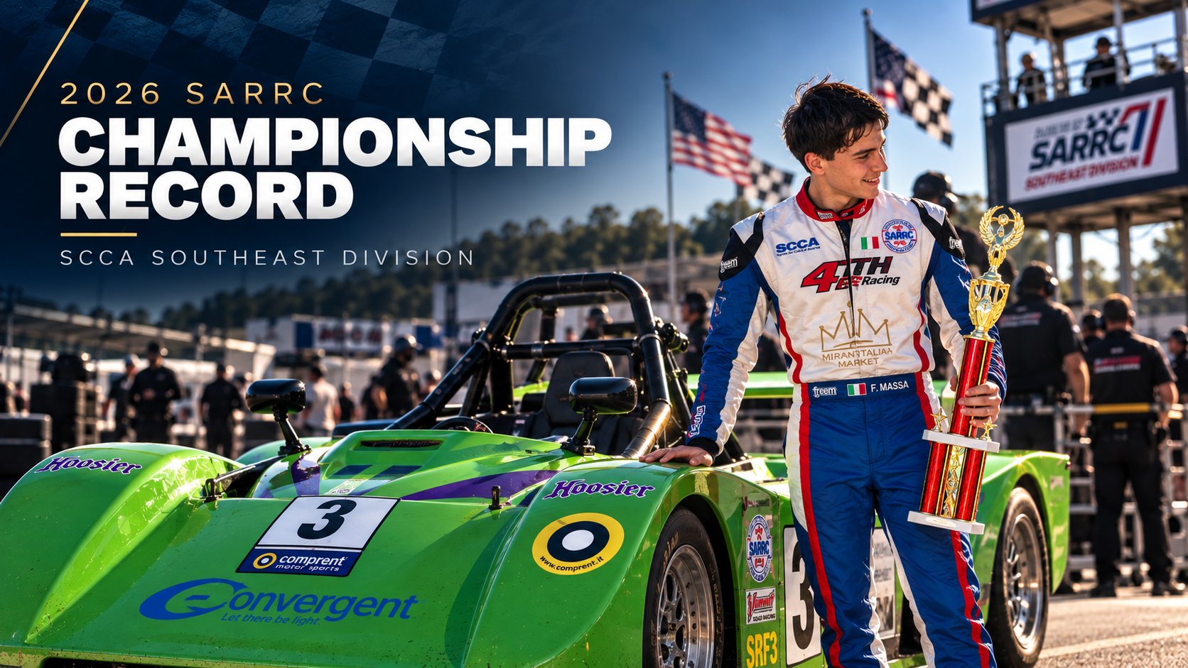 Filippo Massa celebrating the 2026 SARRC championship with his trophy and SRF3